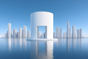 Abstract Cylinder on Platform in Serene Water with Cityscape. Mock up promotion information for marketing announcements and details, blank white space.