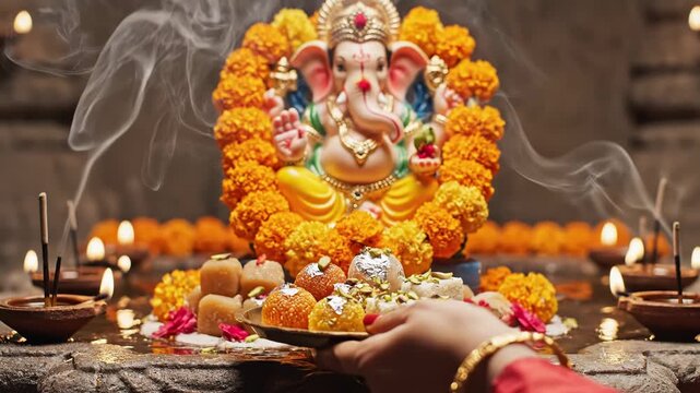 Ganesh Chaturthi Offering: Divine Idol with Sweets and Lights