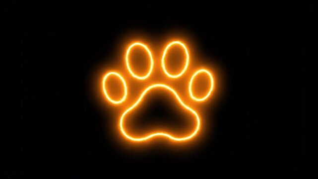 Glowing orange paw print symbol against black background represents pets and wildlife, evoking warmth and affection through this vibrant design celebrating animal companionship and connection