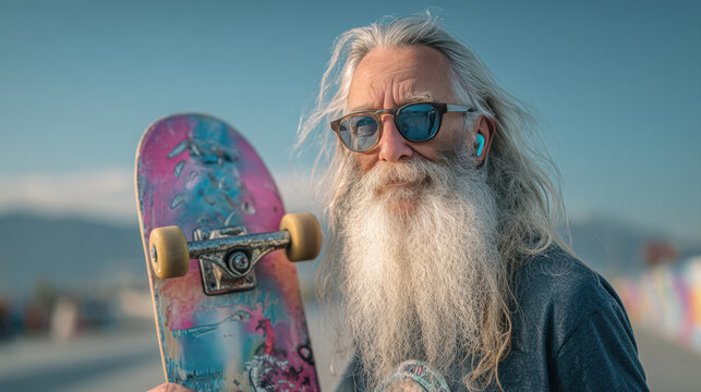 Bearded man skateboarding outside - Powered by Adobe