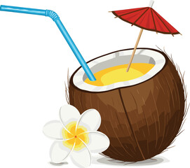Tropical coconut drink with blue straw and red umbrella, summer vacation refreshment, beach resort cocktail, exotic island beverage, vector illustration, holiday theme, paradise concept, travel backgr