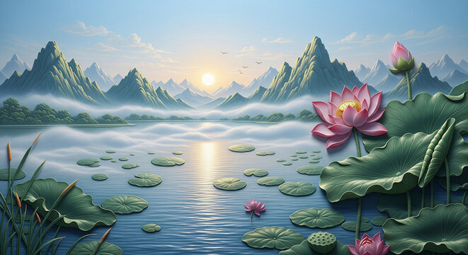 3D Lotus Relief Art with Crystal Water, Lily Pads, and Misty Mountain Dawn. 3D relief wallpaper with Majestic 3D Wall Mural. floral landscapes. 3d floral art, floral wallpaper, Luxurious textile tile 