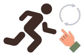 Person running symbol beside refresh loop near hand gesture indicating action. Ideal for progress, persistence, efficiency, innovation, productivity, goals, change. Simple flat metaphor