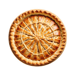 Overhead shot of a golden baked pie with a lattice crust on a black background