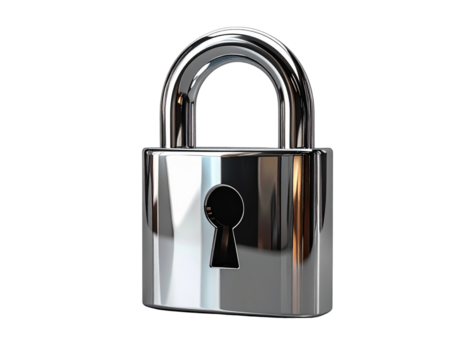 Realistic metallic padlock isolated on transparent background, chrome reflection, studio lighting