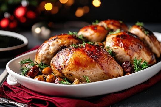 Roasted capon takes center stage, surrounded by chestnuts, cranberries, and fragrant rosemary, creating a festive holiday atmosphere against a backdrop of dark hues and twinkling lights