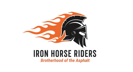 Iron Horse Riders Motorcycle Club Emblem with Flaming Helmet.