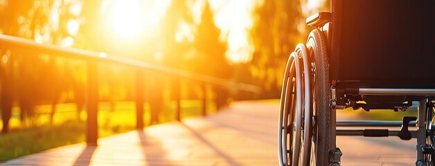 A serene accessible ramp with a metal handrail glows in the evening sunlight, inviting mobility and independence for wheelchair users