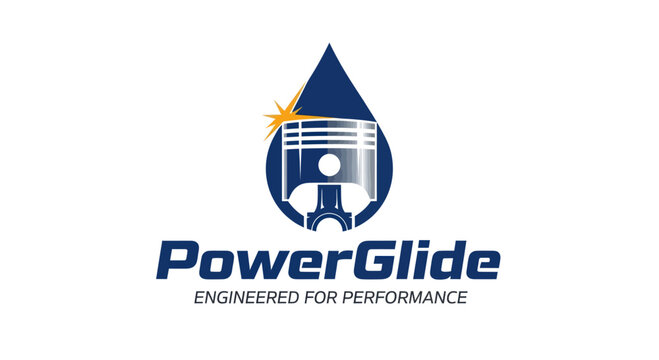 PowerGlide automotive logo with piston inside an oil drop.