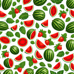 Summer fruit pattern with watermelons, strawberries, and green leaves