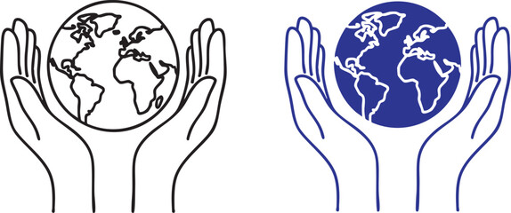 Hands holding Earth planet outline icon