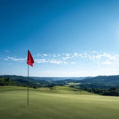 Scenic view of a golf course with a red flag marking the hole in the bright sunlight against a clear blue sky