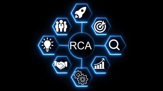 R C A Root Cause Analysis Business Strategy Icons Flowchart Neon Blue Hexagons Dark Background Teamwork Idea Rocket Target Search Gears Growth Partnership