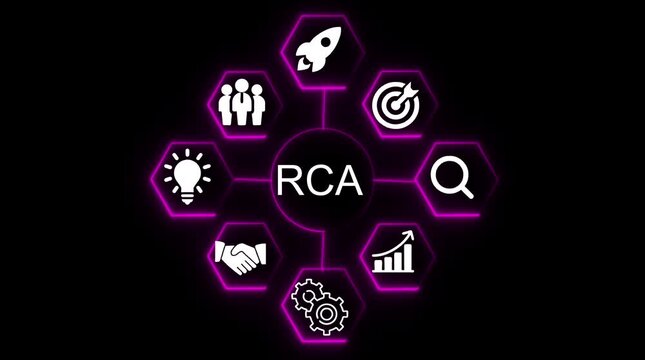 R C A Root Cause Analysis Business Strategy Icons Hexagon Neon Glow Dark Background Teamwork Rocket Target Search Lightbulb Handshake Gears Growth Chart
