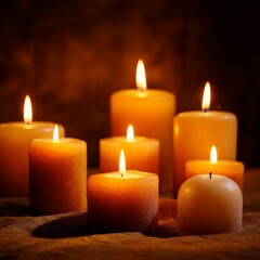 Warm glow of candles creates a cozy atmosphere in a softly lit setting for relaxation and reflection