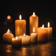 Candles illuminate a dark space with warm flickering lights creating a cozy atmosphere for relaxation and reflection