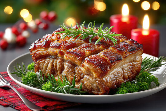 Cooked Norwegian ribbe with crispy crackling, garnished with rosemary and sage on a festive red tablecloth, candles and bokeh lights setting a cozy holiday mood