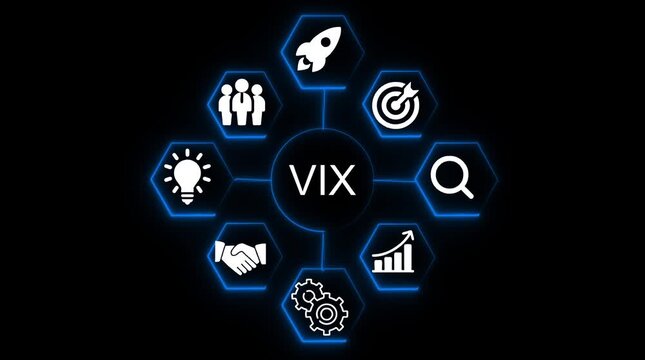 V I X business strategy icons connected in honeycomb network with glowing blue lines on black background representing growth success teamwork innovation search and partnership