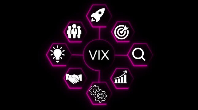 V I X business strategy concept diagram with icons for teamwork rocket launch target search growth gears and lightbulb on black background neon glow
