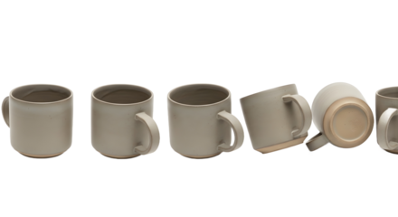 Isolated Ceramic Mugs Sequence, Neutral Tableware Set, White Background, Product Shot, Studio Concept