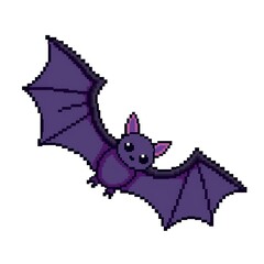 Fototapeta premium Pixelated illustration of a purple bat with outstretched wings, a cute and friendly cartoon character.