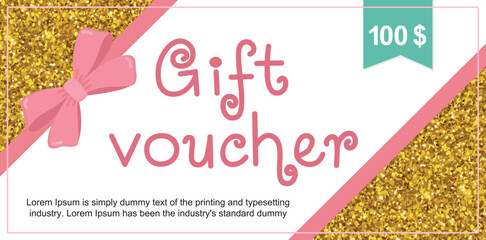Gift voucher template with bow ribbons and glitter texture. Concept for present certificate or flyer