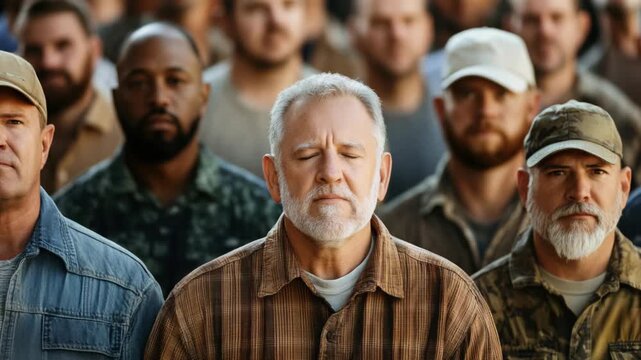 group of men standing together looking at camera with serious face, people different race and age 