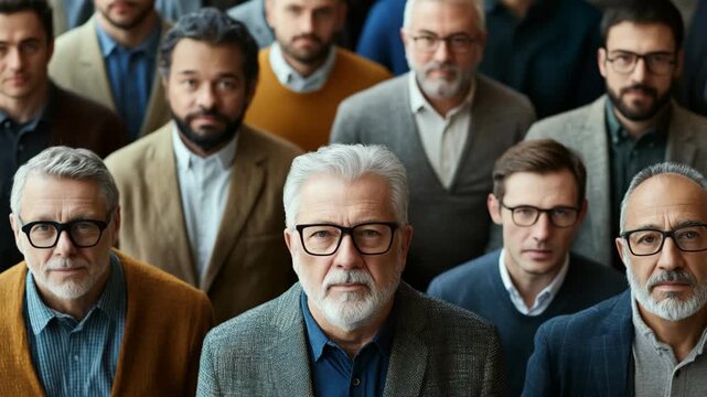group of men standing together looking at camera with serious face, people different race and age 