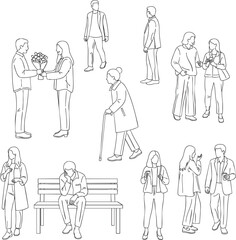 Set of black and white line art illustrations of diverse people in casual everyday poses.