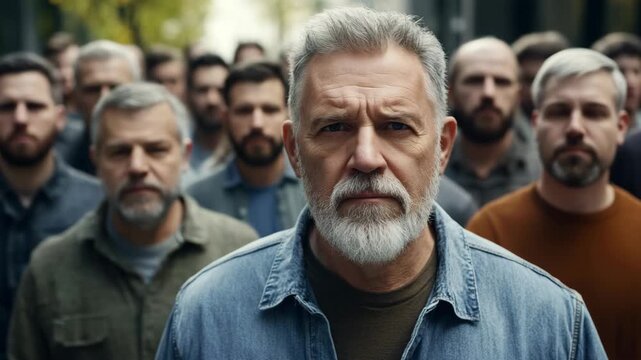 group of men standing together looking at camera with serious face, people different race and age 