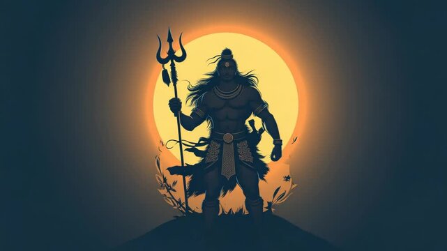Silhouette of a deity, likely Shiva, holding a Trishul, under a luminous moon