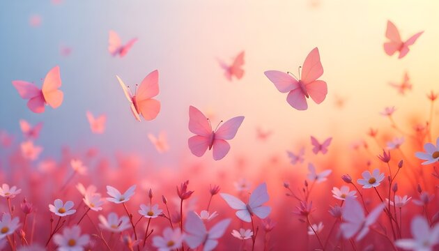 A magical swarm of delicate pink butterflies fluttering above a field of vibrant wildflowers at sunrise