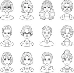 Set of diverse handdrawn character avatars black and white line art portraits of men and women.