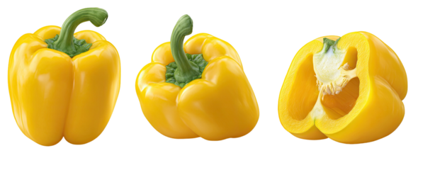 Three yellow bell peppers, one whole, one whole, and one halved (1)