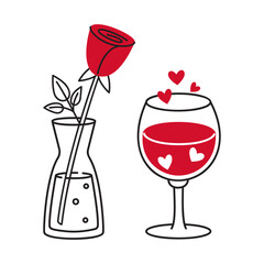 Red rose and wine glass with hearts. Hand drawn trendy flat style isolated on transparent background. Romantic moment. For Valentines Day stickers, menus, apps, posters, design. Vector illustration