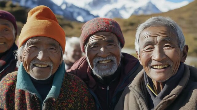 group of senior Nepalese old men smiling together at rural countryside outdoor with snowcap mountain as background	
