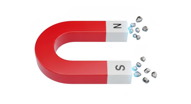 Red horseshoe magnet attracting small white particles demonstrating magnetic force