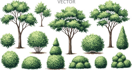 Tree and bush vector set, green foliage illustration, landscape design elements, plant variety pack, garden trees, nature clipart, botanical art © Liza