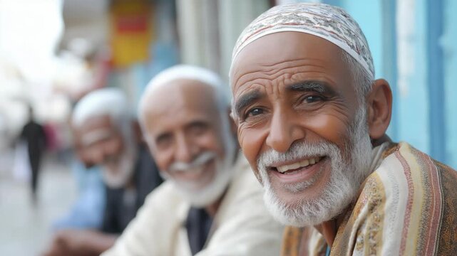 group of senior old Muslim men smiling to camera witting together at city street 