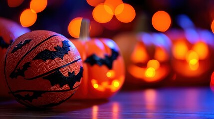 Halloween Themed Decoration with Basketball and Pumpkin Lights for Festive Celebrations and Autumn Night Events