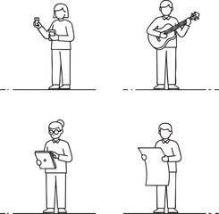 Set of four minimalist line art characters engaged in daily activities using a phone playing guitar on a tablet and reading a paper.