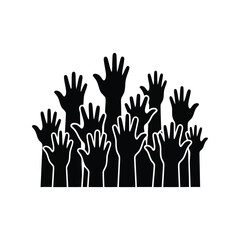Fototapeta premium Many hands raised together unity teamwork support participation crowd cheering vector