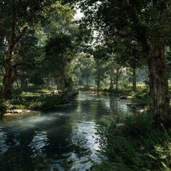 Fototapeta premium Lush forest landscape with tranquil river flowing through in morning light