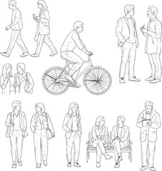 Set of handdrawn sketch illustrations of people in various casual poses and everyday urban activities.