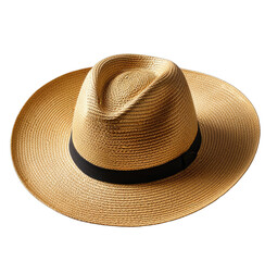 Close-up of a wide-brimmed, woven straw fedora hat with a black band