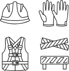 make Construction Safety Icons. Outline icon set of home construction safety helmet, gloves, safety harness, Block Line on white Background.