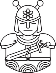 Stylized line art of a stoic warrior with a flower emblem helmet and sword.