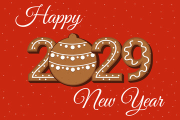 Happy new year 2029 Christmas card. Gingerbread cookies in the form of numbers 2029. Vector illustration.