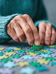 An elderly woman’s hands assembling a puzzle in close-up