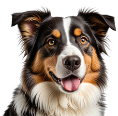 Close-up of a tri-colored dog's face with attentive eyes and tongue out